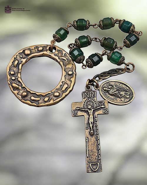 Penal St Patrick premium heritage bronze antique style chaplet green agate Celtic cross Irish heritage