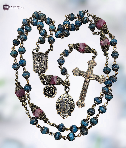 Our Lady of the Rosary St Dominic Miraculous Mary premium heritage bronze antique style rosary blue apatite burgundy red jade