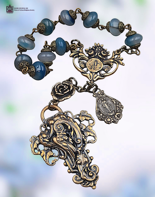 Our Lady Lourdes Miraculous Mary heritage bronze Victorian style chaplet blue agate