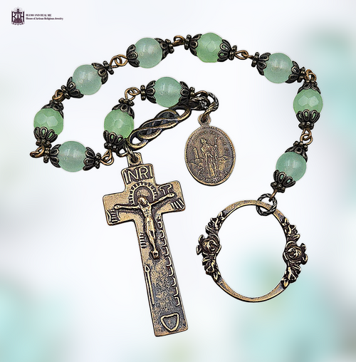 St Patrick St Bridget premium heritage bronze antique style chaplet mint green agate Penal crucifix symbols Irish heritage