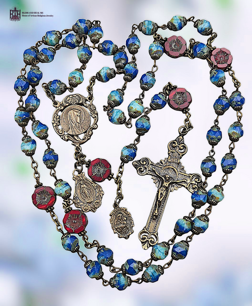 Blessed Virgin Mary Miraculous Mary Mother Mary Baby Jesus premium heritage bronze antique style rosary colorful blue shades red carved flowers czech fire polished glass