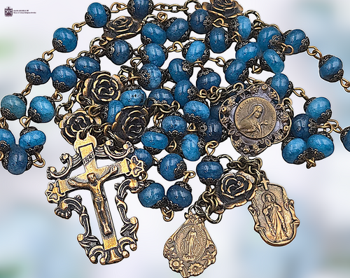 St Therese Little Flower Sacred Heart Jesus with Angels Lady of Carmel Miraculous Mary heritage bronze vintage style rosary blue jade roses