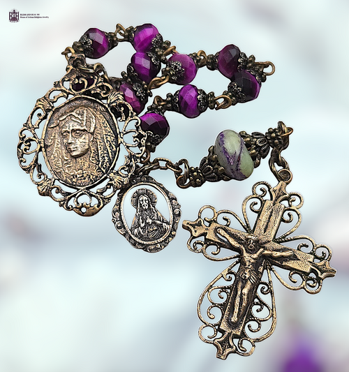 Blessed Virgin Mary Sacred Heart Jesus premium heritage bronze antique style chaplet magenta tiger eye green charoite