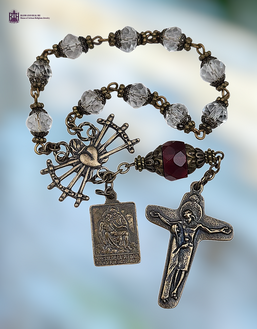 Seven Sorrows Pieta Mary at Cross God of Good Hope premium heritage bronze antique style chaplet clear red quartz
