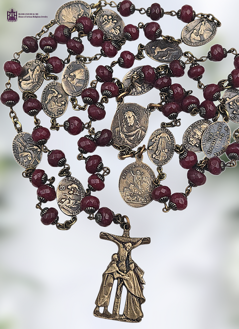 Stations Cross Ecce Homo Face Jesus Crown Thorns Resurrection Two Marys at Cross premium heritage bronze antique style chaplet red jade