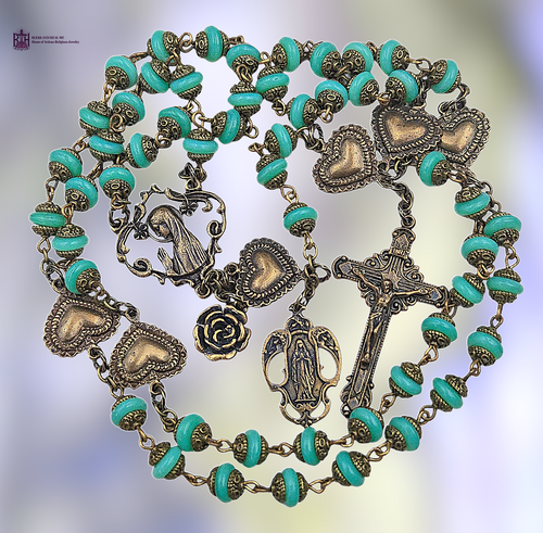 Blessed Virgin Mary Our Lady Lourdes Hearts heritage solid bronze vintage style rosary aqua opal