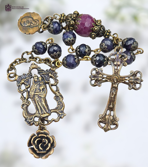Crowned Mother Mary Sacred Heart Jesus heritage solid bronze vintage style chaplet genuine blue sapphire ruby