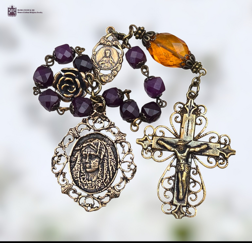 Blessed Virgin Mary Sacred Heart Jesus Our Lady Carmel heritage solid bronze vintage style chaplet genuine Baltic amber purple jade