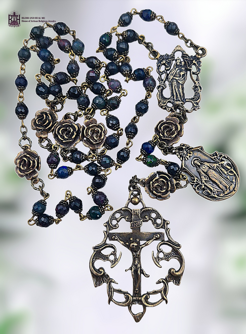 Mother Mary Jesus with Open Arms Sacred Heart Crowned Mary with Scepter heritage solid bronze vintage style rosary genuine black fire opal