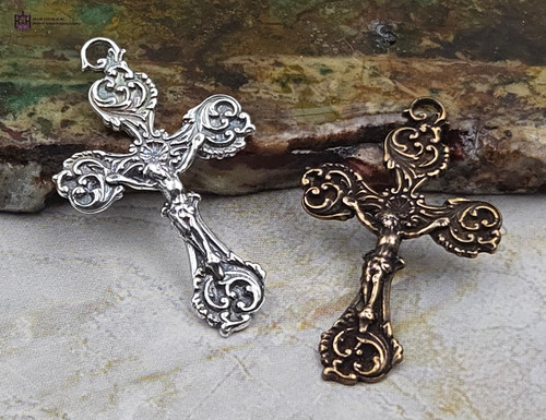 Hand casted premium solid bronze and  sterling silver ornate Victorian crucifix pendant medium two-tone by Bless And Heal Me