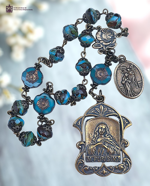 15 bead Immaculate Conception Mary Purisima Miraculous Mary St Gabriel Annunciation heritage bronze chaplet blue Czech glass carved flowers by Bless And Heal Me 15 bead Immaculate Conception Mary Purisima Miraculous Mary St Gabriel Annunciation heritage bronze chaplet blue Czech glass carved flowers by Bless And Heal Me