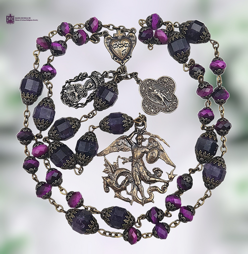 40 bead Archangel Michael Raphael Gabriel heritage solid bronze vintage style chaplet magenta tiger eye amethyst by Bless And Heal Me 40 bead Archangel Michael Raphael Gabriel heritage solid bronze vintage style chaplet magenta tiger eye amethyst by Bless And Heal Me