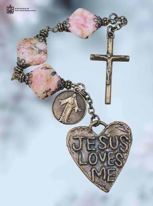 Sacred Heart Jesus twin hearts Jesus Loves Me artist signed solid heritage bronze vintage chaplet pink jasper by Bless And Heal Me