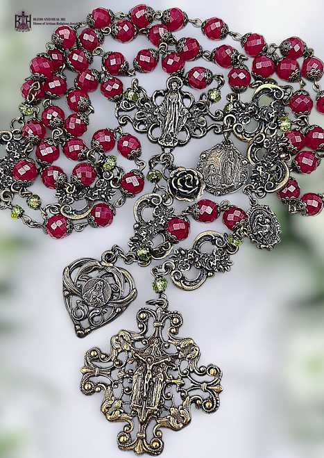 Miraculous Mary Blessed Virgin Mary Our Lady Lourdes Mother Mary Sacred Heart Jesus Two Marys Cross heritage bronze rosary genuine rubies peridot by Bless And Heal Me