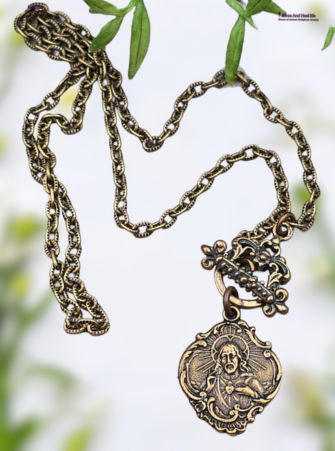 Sacred Heart of Jesus, St Therese Catholic Necklace Pendant |Bronze | Antique Style