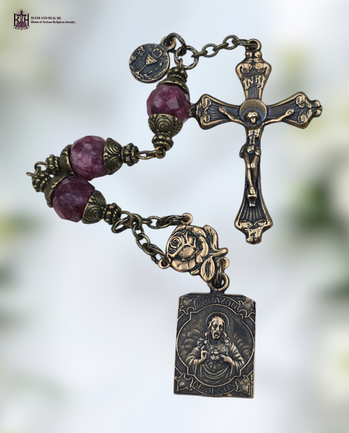 Sacred Heart of Jesus & Mary 3 Beads Chaplet | Heritage Bronze| Red Jade
