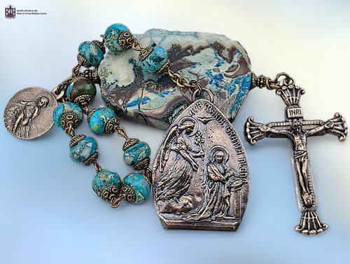 Ave Maria Gratia Plena Archangel Gabriel Annunciation Baby Jesus manger premium heritage bronze large antique chaplet blue ocean jasper petrified coral by Bless And Heal Me