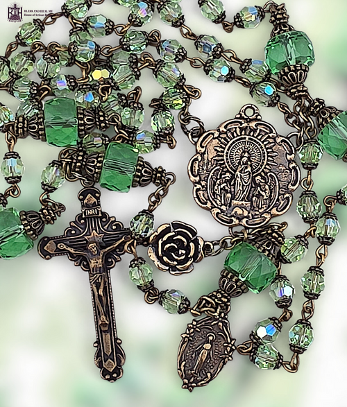 Our Lady of the Pillar with Angels Miraculous Mary heritage solid bronze vintage rosary genuine green Swarovski crystal Preciosa beads by Bless And Heal Me