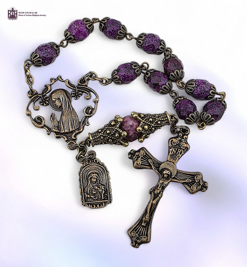 Blessed Virgin Mary Immaculate Heart Mary solid bronze antique chaplet purple jasper by Bless And Heal Me