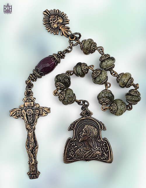 Jesus with lilies, Sacred Heart of Jesus, Holy Eucharist Crucifix heritage bronze chaplet. Green garnet & red agate gemstones. Handcrafted heirloom by Bless And Heal Me.