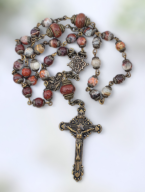 Holy Name of Jesus INRI 33 bead heritage bronze chaplet red crazy lace agate jasper by Bless And Heal Me