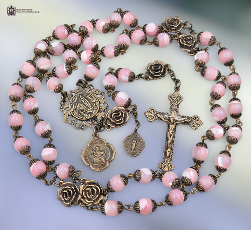 Our Lady Lourdes Miraculous Mary St Agatha breast cancer bronze rosary pink mother of pearl by Bless And Heal Me