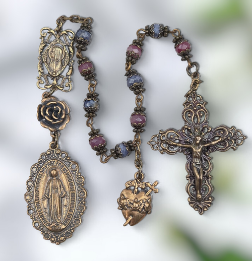 Miraculous Mary Rosa Mystica Immaculate Heart heritage bronze chaplet ruby sapphire by Bless And Heal Me