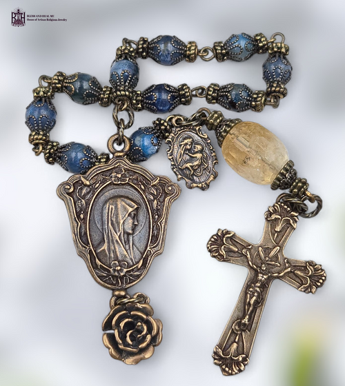 Blessed Virgin Mary Mother Mary baby Jesus lilies heritage bronze chaplet blue kyanite citrine by Bless And Heal Me