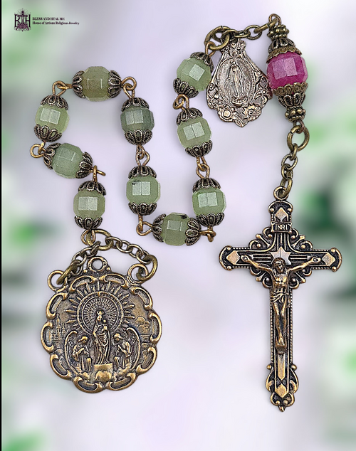 Our Lady Pillar Miraculous Mary heritage bronze chaplet prehnite magenta jade by Bless And Heal Me