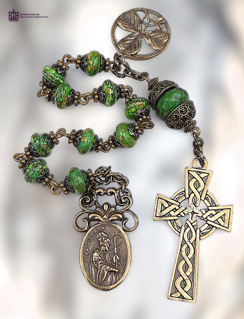 St Patrick St Bridget shamrock Celtic knot heritage bronze chaplet green jasper chrysocolla by Bless And Heal Me