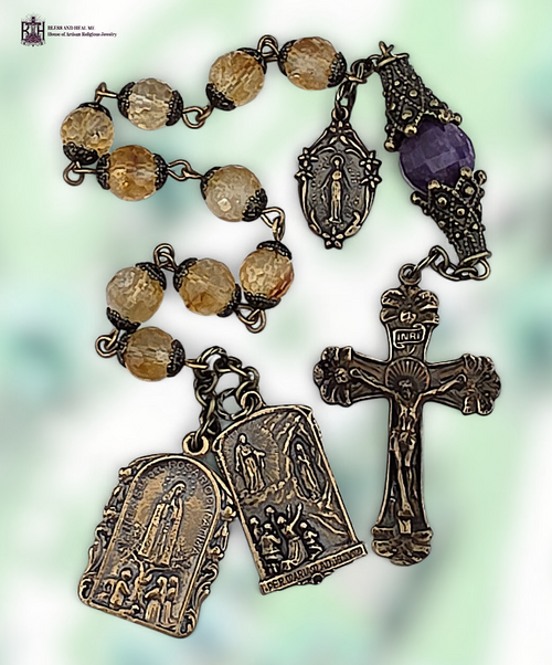 Our Lady Fatima Lourdes Miraculous Mary flowers Sacred Heart heritage bronze chaplet citrine jade by Bless And Heal Me