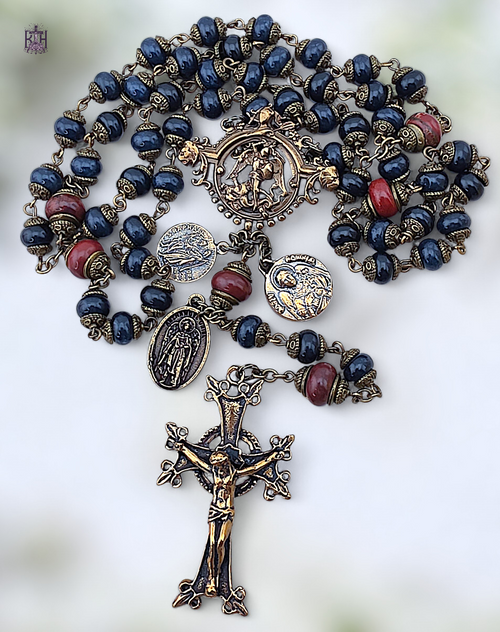 Archangels Michael Raphael Gabriel Uriel heritage bronze rosary blue jade red jasper by Bless And Heal Me