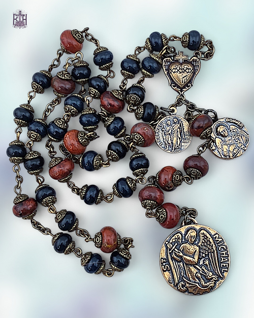Archangel Michael Raphael Gabriel Guardian Angel Sacred Heart wings Lourdes 40 bead bronze chaplet jade by Bless And Heal Me