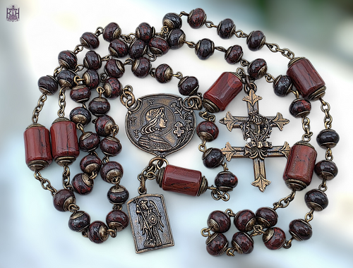 Joan of Arc Archangel Michael Cross of Lorraine heritage bronze rosary red jasper by Bless And Heal Me