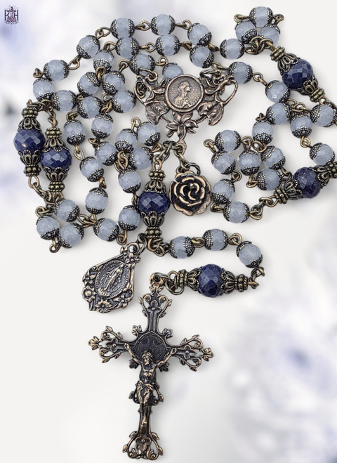 Blessed Virgin Mary lilies Miraculous Mary garden heritage bronze rosary blue sapphire aquamarine by Bless And Heal Me
