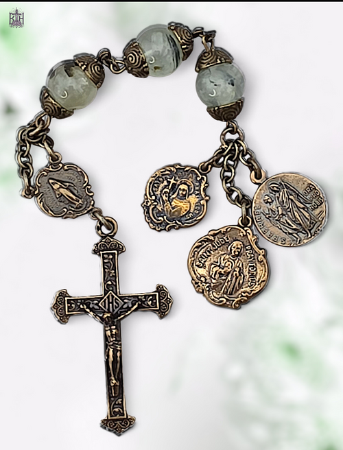 St Jude St Rita Archangel Raphael Miraculous Mary Sacred Heart Guardian Angel 3 Hail Marys bronze chaplet prehnite by Bless And Heal Me