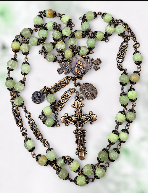 Mother Mary with baby Jesus, shamrock, St Patrick, St Bridget, Sacred Heart, Immaculate Heart, Celtic knot heritage bronze Irish rosary. Mint green jade. Handcrafted heirloom by Bless And Heal Me.