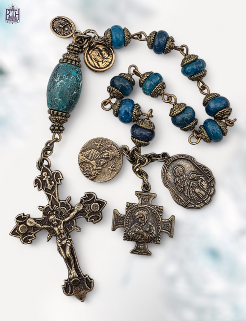 St Anne St Anthony St Gerard Mother Mary Holy Family Holy Spirit fertility pregnancy bronze chaplet apatite turquoise by Bless And Heal Me