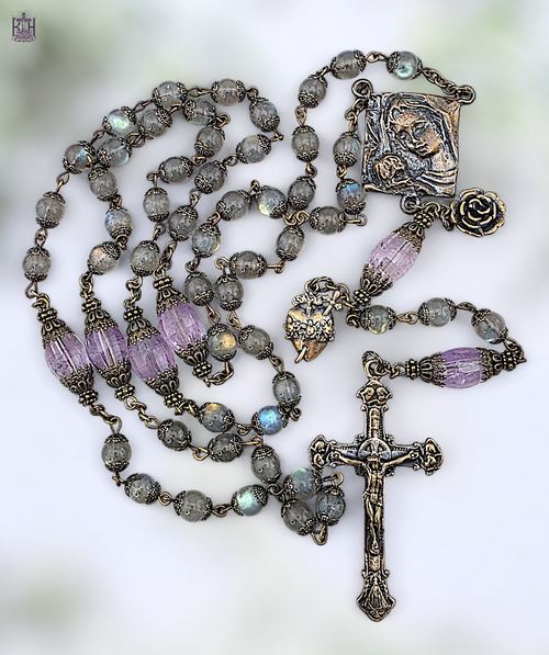 Mother Mary baby Jesus Immaculate Heart Angels Crucifix bronze rosary labradorite amethyst by Bless And Heal Me