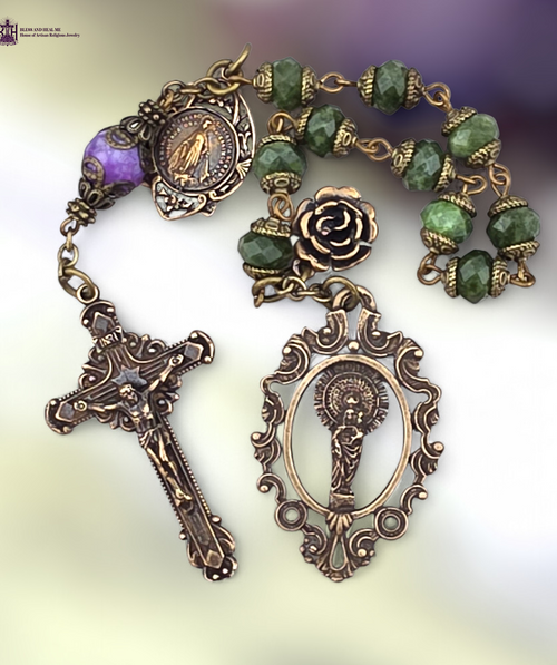 Our Lady Pillar Miraculous Mary heritage bronze chaplet green jade purple jasper by Bless And Heal Me