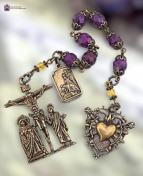 Seven Sorrows Pieta Mary John at cross 7 bead Servite heritage bronze chaplet purple jasper by Bless And Heal Me