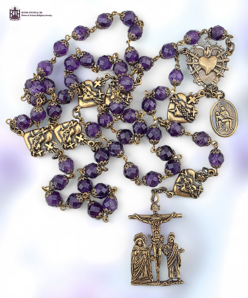 Seven Sorrows Pieta Sacred Heart Immaculate Heart Mary John at cross heritage bronze rosary amethyst by Bless And Heal Me