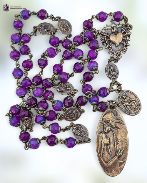 Seven Sorrows Dolores Pieta Mary at cross scenes 52 bead heritage bronze chaplet purple sugilite by Bless And Heal Me