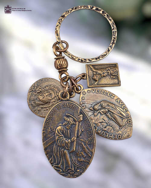 Passion Christ Gethsemane Crown Thorns carrying cross Sorrowful Mother Crucifixion bronze prayer ring keychain by Bless And Heal Me