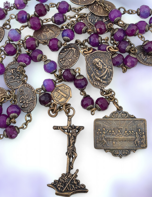 Stations of Cross Ecce Homo Crown Thorns Last Supper Golgotha 51 bead bronze chaplet purple sugilite by Bless And Heal Me