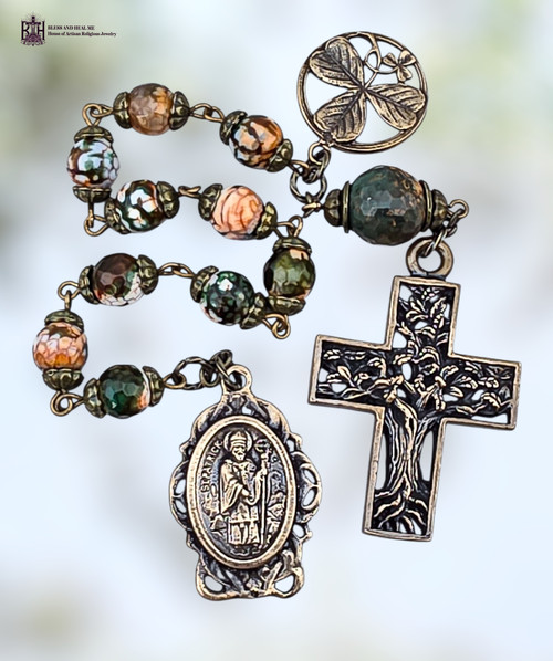 St Patrick shamrock Tree of Life cross heritage bronze chaplet colorful green agate by Bless And Heal Me