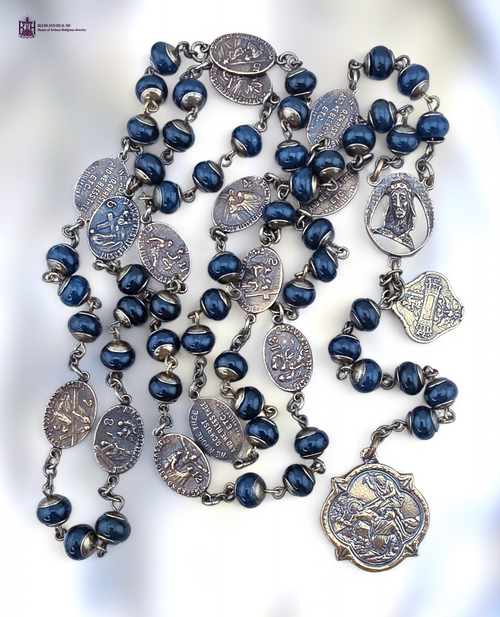 Stations Cross Crown Thorns Precious Blood Bruges Jesus nailed 51 bead premium bronze chaplet midnight blue jade by Bless And Heal Me