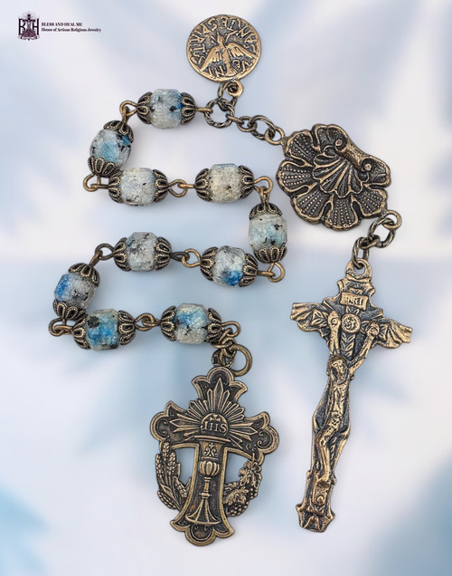 Holy Eucharist Holy Spirit shell heritage bronze chaplet blue K2 stone by Bless And Heal Me