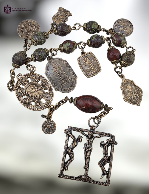 Passion Christ Seven Sheddings Blood Ecce Homo Bruges relic stigmata saints Padre Pio bronze chaplet bloodstone jasper by Bless And Heal Me