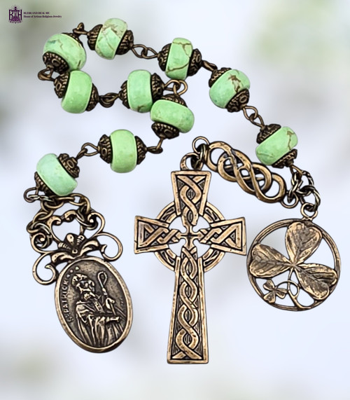 St Patrick St Bridget shamrock Celtic knot heritage bronze chaplet variscite by Bless And Heal Me